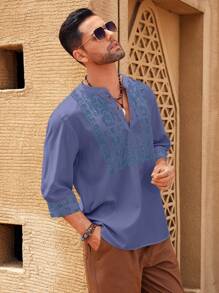 Manfinity Homme 男士中长款正面纽扣印花休闲衬衫，日常穿着