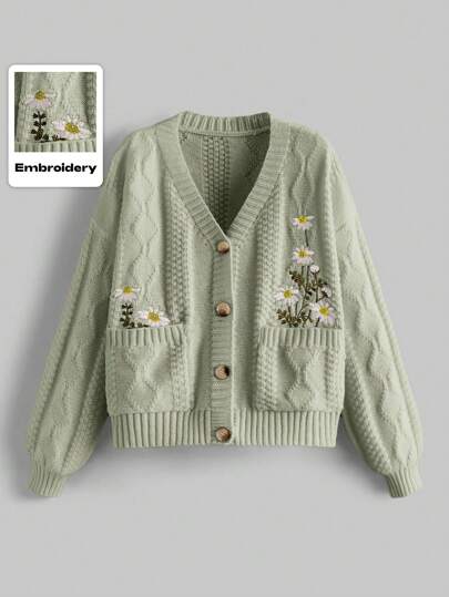 Fairycore 1pc Women's Front Button Long Sleeve Floral Embroidery Pocket Minimalist Blouse