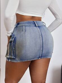 SHEIN EZwear Plus Size Denim Mini Skirt, Casual Fitted Stretch Cargo Style, Blue - Blue - View 2