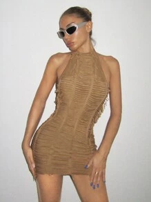 SHEIN ICON Đầm ôm body hở lưng buộc dây tua rua trang trí - Màu Khaki - Xem 3