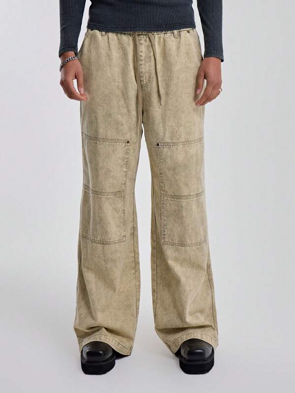 Musero Drawstring Waistband Baggy Wide Leg Sitch Construction Panel Jeans SPRING SUMMER Essentials