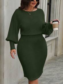EMERY ROSE Plus Size Solid Color Round Neck Fitted Elegant Long Sleeve Sweater Dress, Winter Fall Cloth For Women - Army Green - View 1
