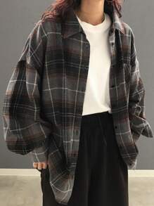 FRIFUL 女士秋季格子落肩长袖宽松纽扣休闲宽松衬衫，法兰绒女装，秋季女装 - 彩色 - 查看 4