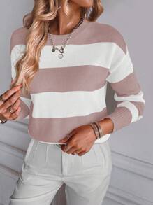 SHEIN LUNE Women Striped Round Neck Dropped Shoulder Casual Long Sleeve Pullover Sweater, Autumn/Winter - Multicolor - View 1