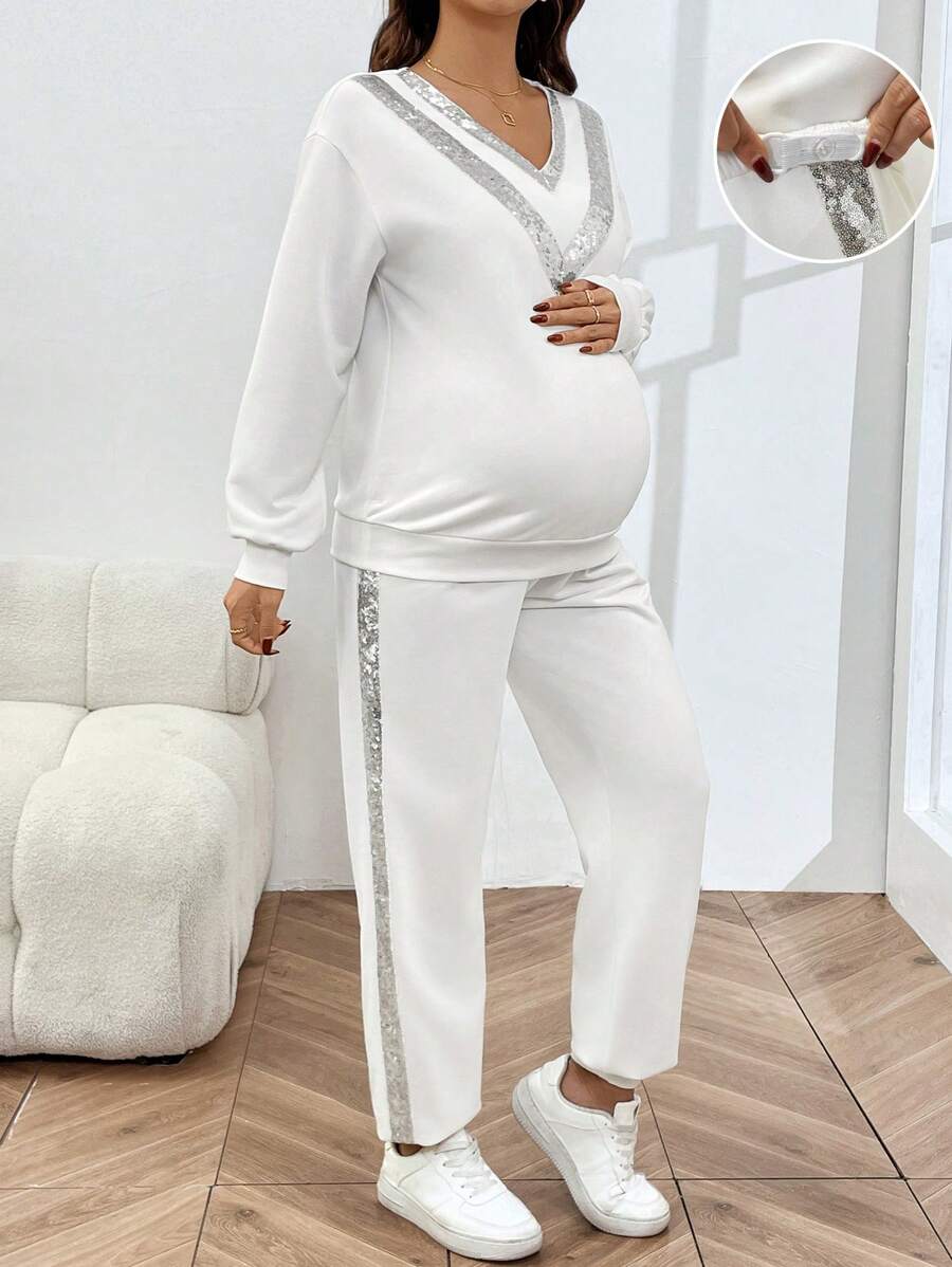 SHEIN Maternity Contrast Sequin Drop Shoulder Sweatshirt & Sweatpants - White - View 1