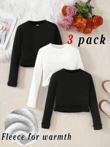 Koszulka dla dziewcząt w wieku 3 lat, gładka, dzianinowa, z okrągłym dekoltem i długim rękawem, skrócona, ulepszona, ciepła tkanina, podszewka termiczna bez bycia grubym, podstawowy elastyczny uniwersalny top dla dziewcząt na jesień i zimę