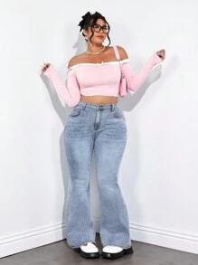 SHEIN ICON Plus Size Casual Washed Fitted Flare Leg Jeans - Blue - View 4