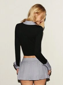 EgrlEra 2 件套女士性感深 V 拼接衬衫领 T 恤 + 低腰百褶裙 Y2K 服装