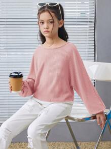 SHEIN Leap Crew Tween Girls Loose Retro Short Crew Neck Ribbed Long Sleeve T-Shirt - Dusty Pink - View 2