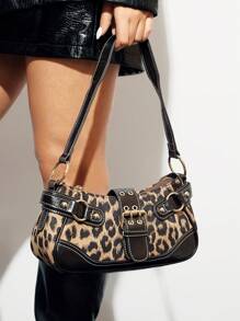 SHEIN BAE Bolso de hombro de mujer estampado de leopardo patchwork PU para ir a la ciudad, bolso de con estampado de leopardo para mujer, el leopardo está de vuelta