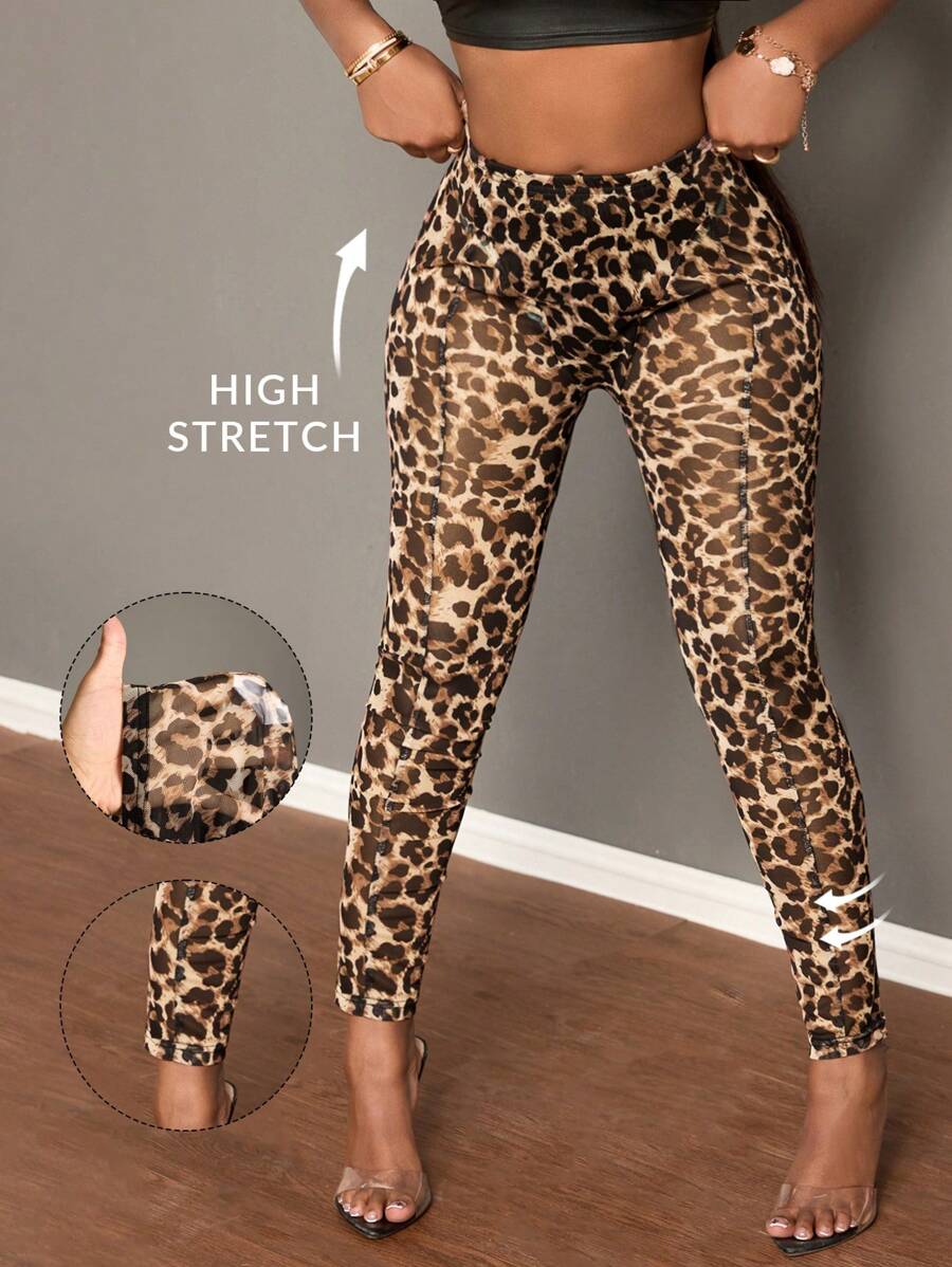 Slaydiva 全新性感优雅透明网眼豹纹印花包括三条裤打底裤和装饰修身女式紧身裤 - 彩色 - 查看 1