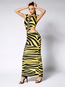 JIAN LASALA Vestido maxi casual de mujer en color amarillo mantequilla con cuello redondo, sin mangas, con bloque de color, estampado de rayas de cebra texturado, abertura en el muslo y espalda descubierta. Vestido de verano, vestido de fiesta, vestido para boda de invitada.