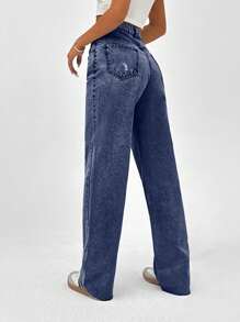 Cottnline Jean azul claro de corte recto y tiro alto 100% algodón con efecto desgastado de mujer - Azul lavado oscuro - Ver 2
