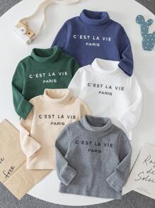 SHEIN 5pcs/Pack Baby Boys & Girls Colorful All-Match Versatile Soft & Thick Double-Sided Fleece High Stretch Letter Graphic Knit Stand Collar Long Sleeve Pullover Tops, Suitable For Indoor & Outdoor Wear, Autumn/Winter