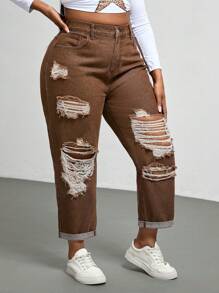 SHEIN EZwear Jeans casuales de pierna recta, ajuste holgado, con bolsillos, para mujer talla grande