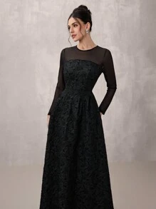 Poshira 1 Stück Damen elegantes Jacquardkleid mit raffender Taille, Mesh-Applikation und A-Linie Silhouette, Langarm, halbtragbar für Abschlussball, Hochzeitsgast, Abschlussfeier, Party - Schwarz - Übersicht 6