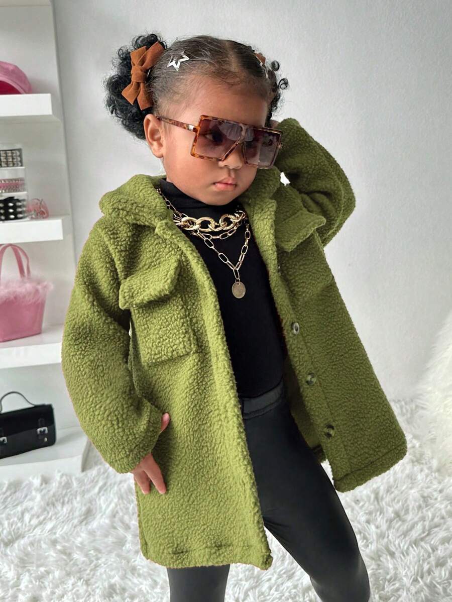 SHEIN Toddler Girls Warm Fleece Long Jacket, Suitable For Outings, Autumn/Winter - Olive Green - View 1