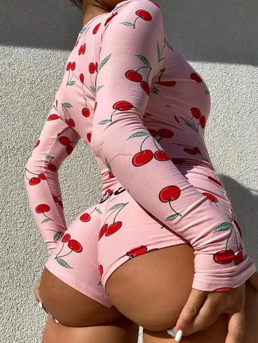 INAWLY 女士纽扣长袖樱桃印花褶皱连体裤，散发迷人性感魅力
