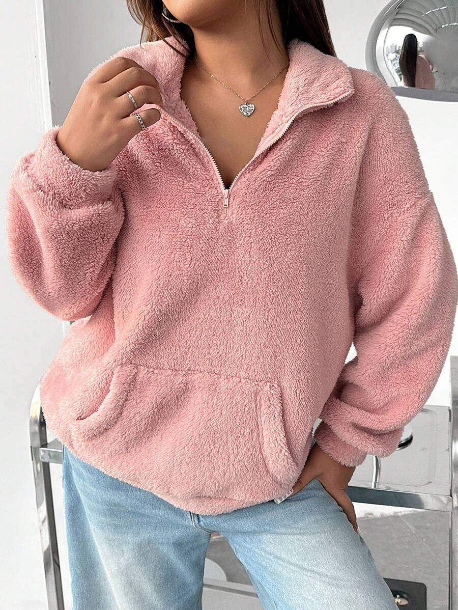 CovetEZ Plus Size Women's Solid Color Drop Shoulder Long Sleeve Fleece Full Zip High Neck Sweatshirt, Autumn/Winter - Dusty Pink - View 1