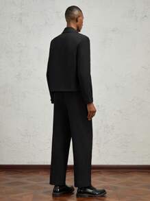 AKNOTIC Formal 2 件套男士休闲梭织宽松直筒西装套装，包括前扣夹克和带口袋的锥形裤，蓝色 - 黑色 - 查看 5