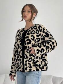 SHEIN Essnce Fleece Thermal Jacket Women Winter  Jacket Women Leopard Print Flannel Jacket Leopard Print Contrast Brown Long Sleeve Buttons Women's Solid Color Snap Button Front Casual Long Sleeve Jacket - Multicolor - View 1