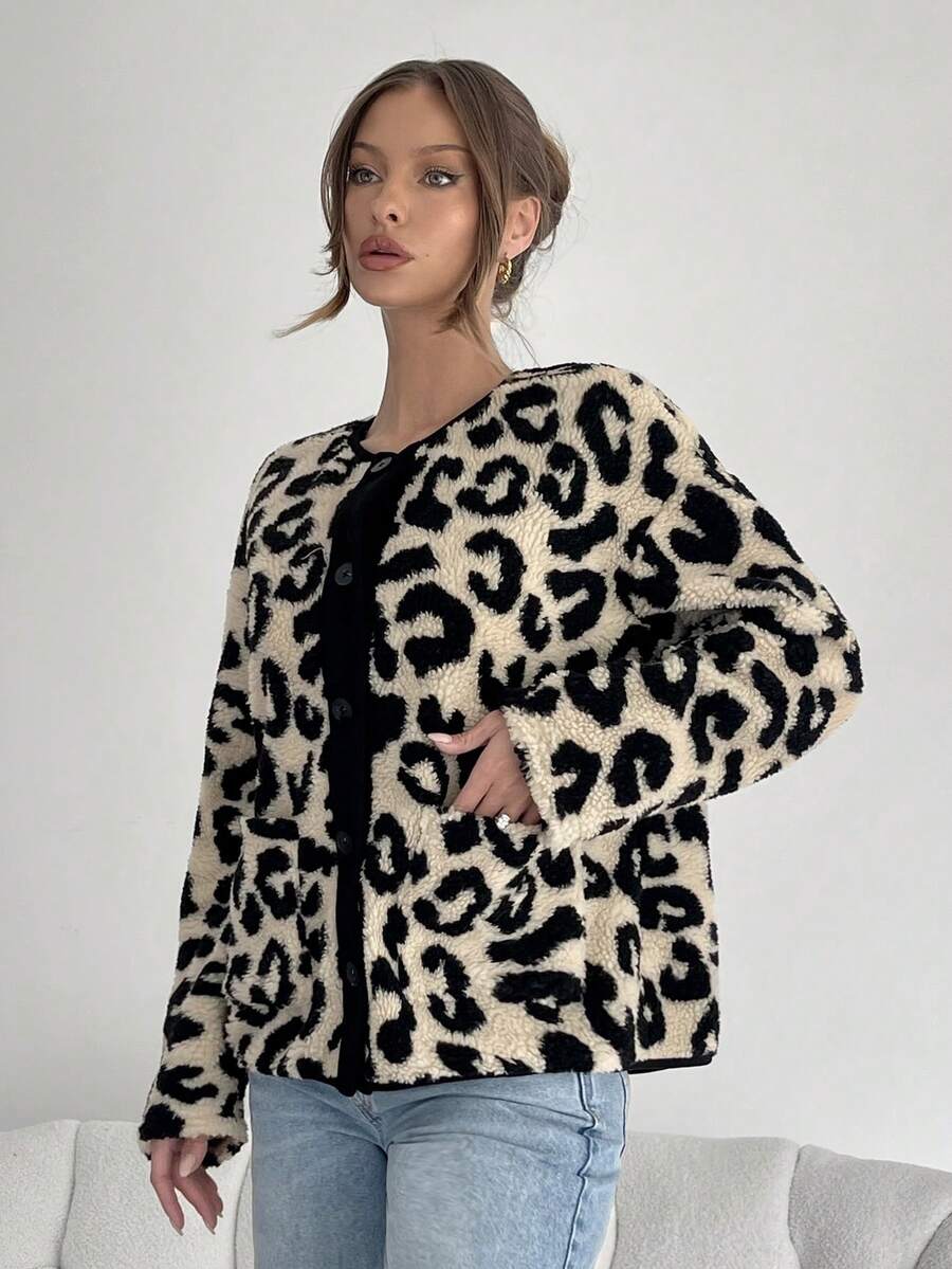 SHEIN Essnce Fleece Thermal Jacket Women Winter Jacket Women Leopard Print Flannel Jacket Leopard Print Contrast Brown Long Sleeve Buttons Women's Solid Color Snap Button Front Casual Long Sleeve Jacket - Multicolor - View 1
