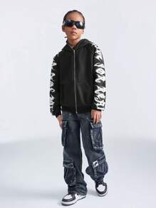 SHEIN Sudadera con capucha con cremallera para niñas preadolescentes de otoño/invierno, sudadera oversize negra con estampado de letras de Halloween Y2K