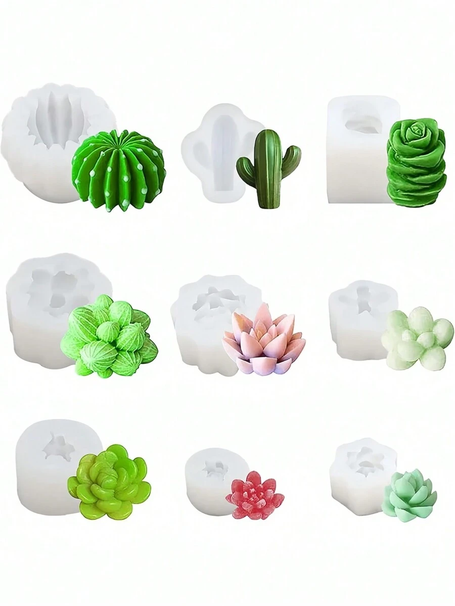 9 件/套硅胶蜡烛模具 - 现代仙人掌设计，可重复使用的 DIY 蜡烛制作套件，适用于家庭、工艺品、礼品 | 不粘、灵活、耐用的蜡烛皂模具，适用于香薰、婚礼、派对装饰（6.7x3.1 英寸） - 白色 - 查看 1