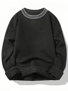 Manfinity Hypemode Męski sweter z geometrycznym nadrukiem, okrągłym dekoltem, swobodnym blokiem kolorów, długim rękawem, prezentem dla chłopaka, wyjściem