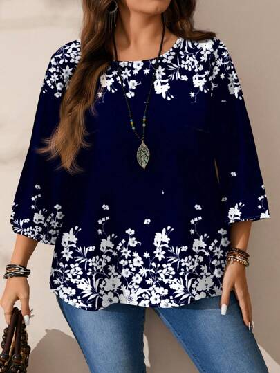 EMERY ROSE Plus Size Women's Casual All-Over Print Round Neck Loose 3/4 Sleeve Blouse, Autumn/Winter Chic Blouses For Women