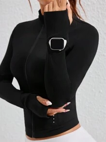 Women Solid Color Front Zipper Long Sleeve Casual Sports Jacket - Black - View 3