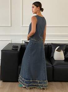 DAZY Women Denim Vest And Frayed Hem Denim Skirt Set - Medium Wash - View 8