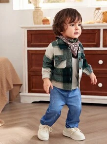 2pcs Infant Toddler Baby Boy 0-3Y Fall Winter New Fashion Casual Plaid Flannel Shacket And Printed Pants Outfit Set - Green - View 5