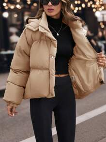 EURMUSE Drawstring Hem Hooded Drop Shoulder Quilted Women's Crop Down Jacket - Cream - View 5