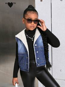 SHEIN Tween 女童蓝色牛仔保暖连帽背心，秋冬款 - 中等水洗藍 - 查看 6