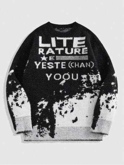 Street Life Men's Slogan Jacquard Pullover Knit Sweater, Suitable For Casual Autumn/Winter Wear