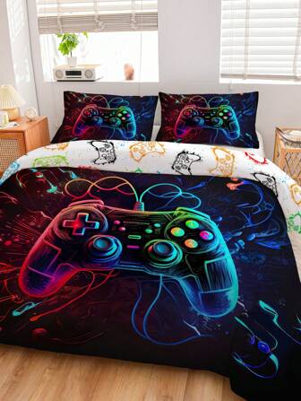 3pcs Cool Gaming Controller Bedding Set, 1 Duvet Cover And 2 Pillowcases, High Definition Dyeing, 100% Polyester Fabric, Comfortable And Soft, Suitable For Bedroom, Guest Room, Travel And Camping