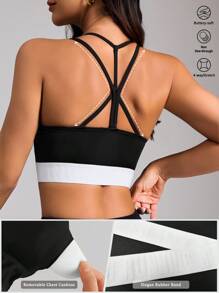 SHEIN Sports 女士撞色弹力后背交叉运动文胸 - 彩色 - 查看 1