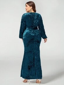 SHEIN Belle Velvet Plus Size Christmas V-Neck Cinched Waist Velvet Lantern Sleeve Dress, Elegant For Autumn/Winter High-Quality Sequin V-Neck Long Sleeve Slit Sleeve Fitted Plus Size Mother Of The Bride Formal Evening Gown Dress (Deluxe Edition), Prom Dress, For Wedding Guest, Graduation, Dinner