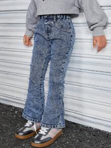 SHEIN Explorewe Young Girl Blue Stretch Denim Jeans With Side Hand-Sewn Ruched Details - Dark Wash - View 5