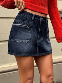 Forever 21 全新冬季低腰修身水洗牛仔迷你裙，性感百搭休闲风格新年除夕波西米亚风假日雪地女式迷你裙冬季女式裙子 Y2k 服装 - 藍色 - 查看 1