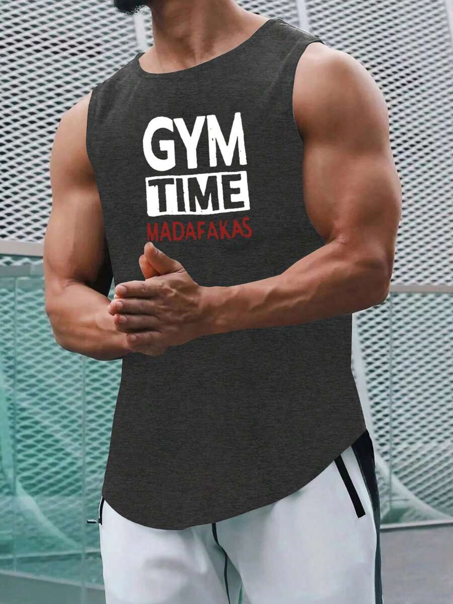 Manfinity Fitness Débardeur sport homme avec ourlet incurvé et imprimé lettres - Gris foncé - Voir 1