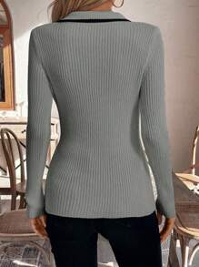 SHEIN LUNE French Style Elastic Ribbed Knit Cardigan Sweater, Contrast Color Trim, Turndown Collar - Light Grey - View 2