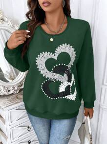 Calvaya Plus Size Crew Neck Long Sleeve Heart Print Minimal Sweatshirt, Casual Daily Wear Pullover Fall - Dark Green - View 5