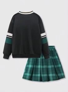 SHEIN Tween 女童两件套，美国学院风 V 领长袖字母印花运动衫和格子百褶裙，非常适合上学和户外穿着 - 彩色 - 查看 2