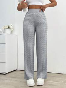 EURMUSE 女式纯色高腰休闲粗针织喇叭裤 - 淺灰色 - 查看 1