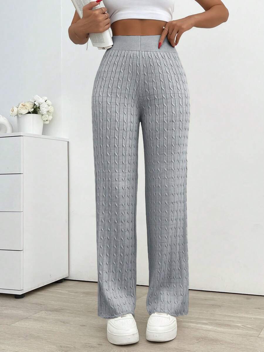 EURMUSE 女式纯色高腰休闲粗针织喇叭裤 - 淺灰色 - 查看 1