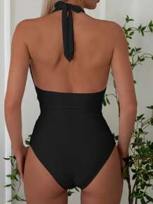 SHEIN Swim 1pc Deep V-Neck Backless Sexy One-Piece Swimsuit Summer - Black - View 2