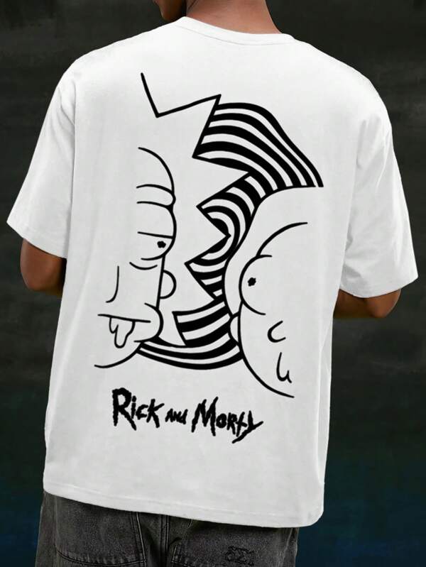 Rick and Morty X SHEIN Men's Casual Loose Knit Portrait Line Print White Short Sleeve T-Shirt