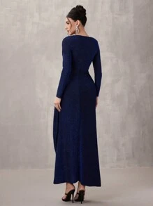 SHEIN Belle 女装时尚秋冬宴会派对公主名媛优雅网红流行连衣裙日常穿着超高弹针织金线面料紧腰提臀修身超长大码连衣裙，领口褶皱设计时尚修身扭纹设计连衣裙，蓝色连衣裙正式晚宴鸡尾酒会礼服，圣诞装，小名媛礼服，舞会半正式礼服，适合生日，婚礼嘉宾，毕业典礼，返校节 - 彩色 - 查看 2